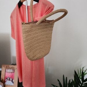 Coral Top and Woven Tan Handbag